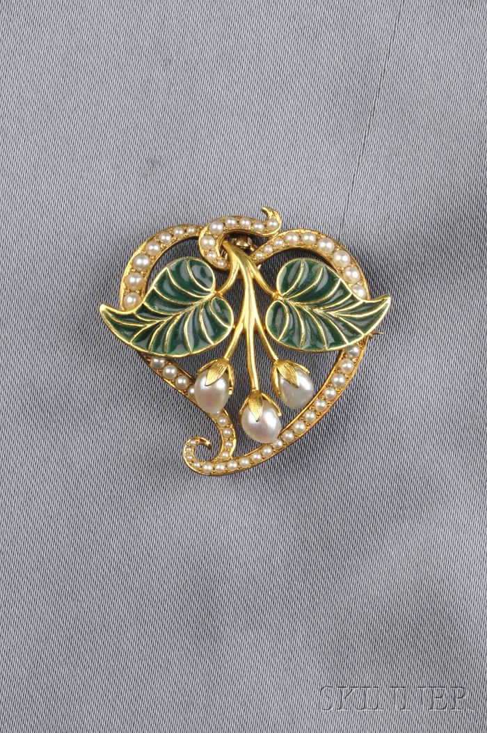 Appraisal: kt Gold Plique-a-jour Enamel and Pearl Witch's Heart Watch Pin