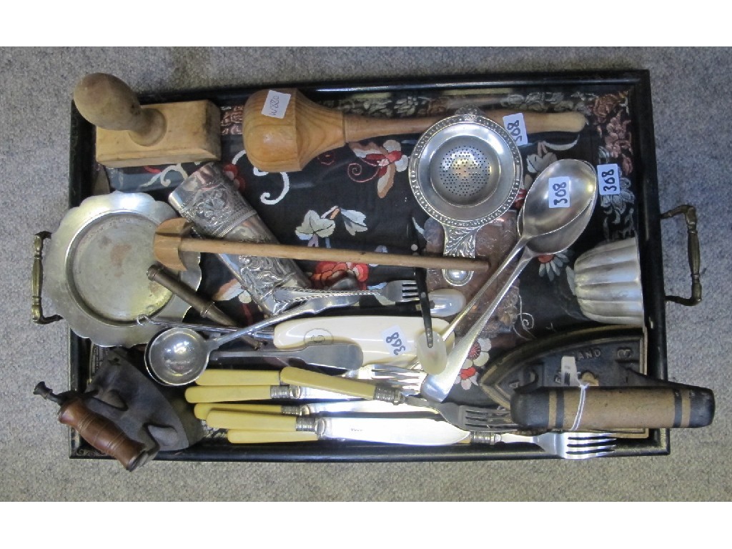 Appraisal: Tray lot of miscellania - flat irons cutlery etc