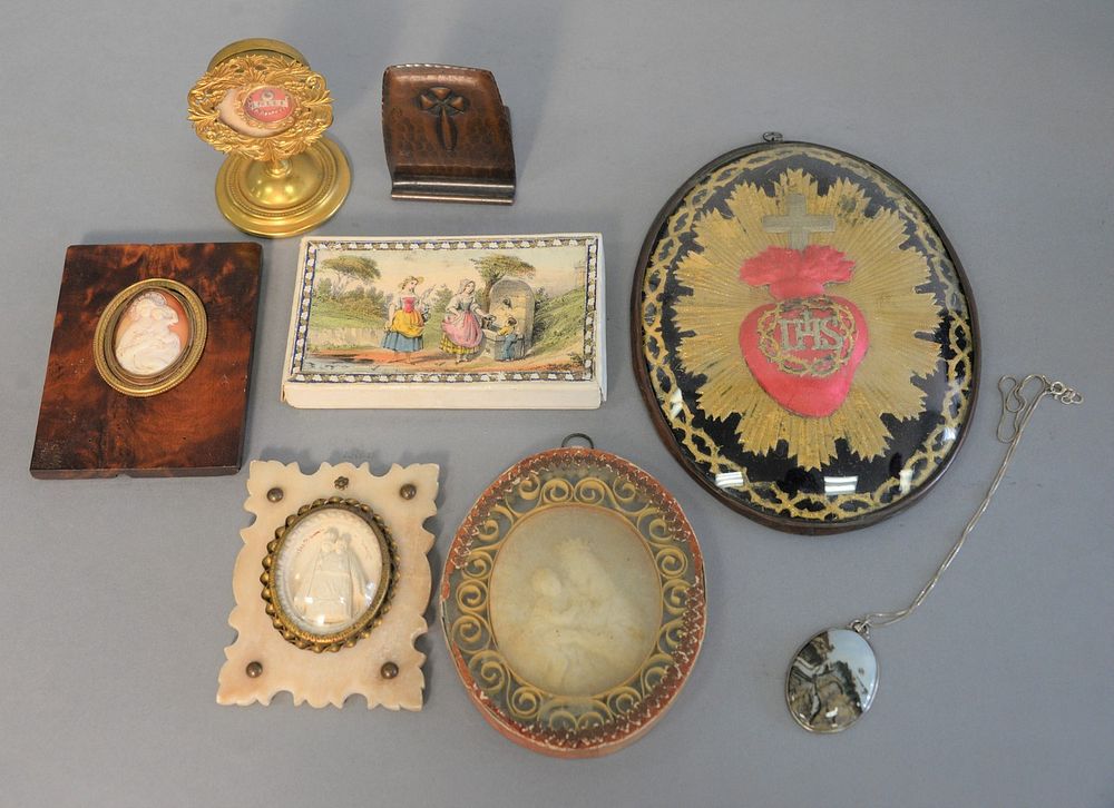 Appraisal: Box lot to include Jasper necklace religious medal in stand