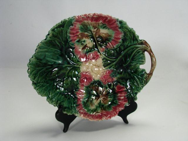 Appraisal: Leaf-shaped handled Majolica shallow bowl x inches pink and cream