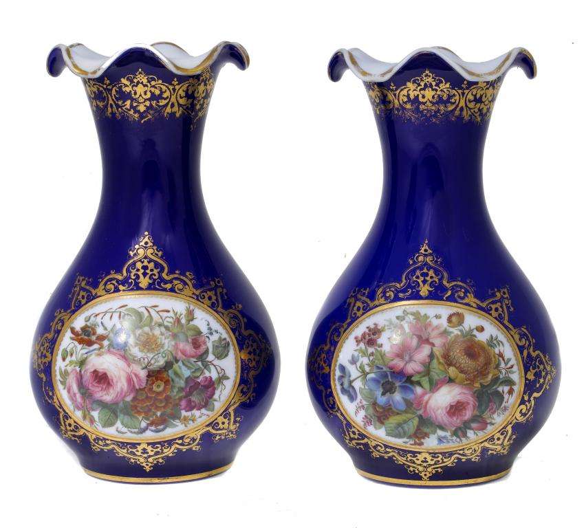 Appraisal: A PAIR OF ENAMELLED BLUE OVERLAY GLASS VASES POSSIBLY BACCARAT