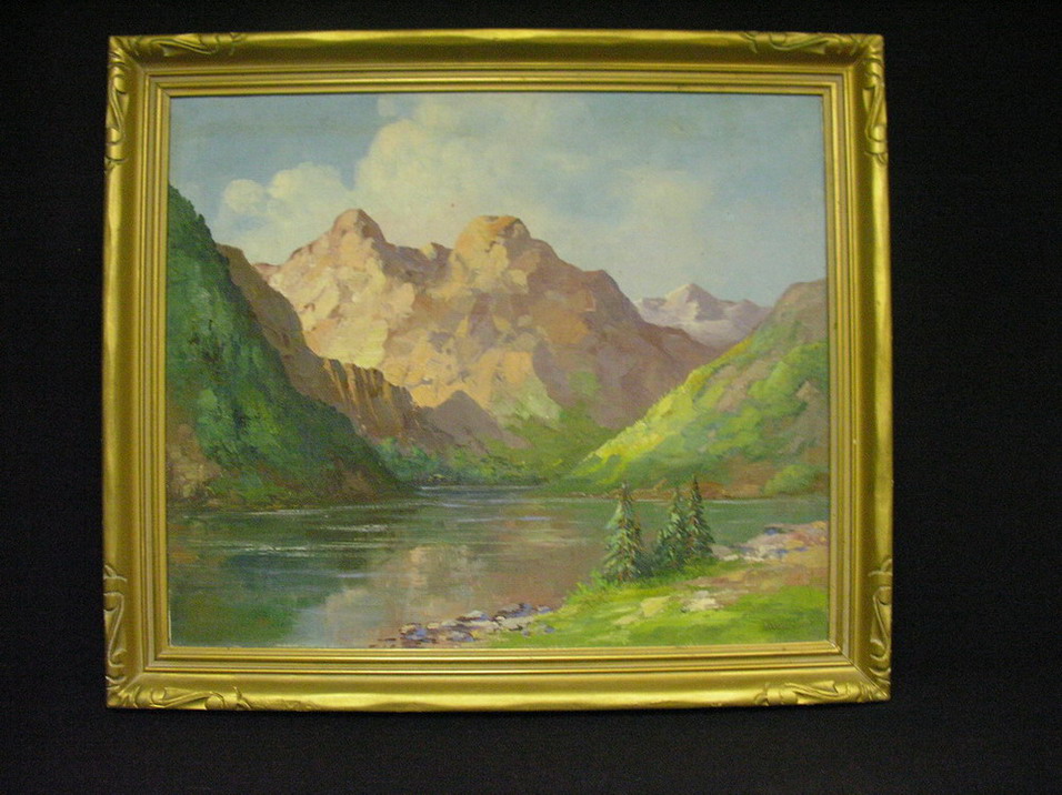 Appraisal: LANDSCAPE PAINTING MOUNTAIN SCENE Artist Unknown Signature has been painted