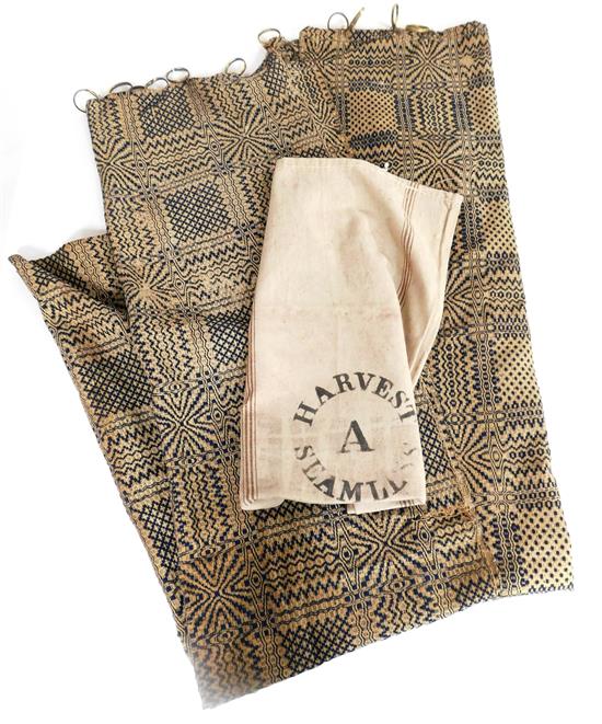 Appraisal: TEXTILES pair blue and white curtains and grain feed sack