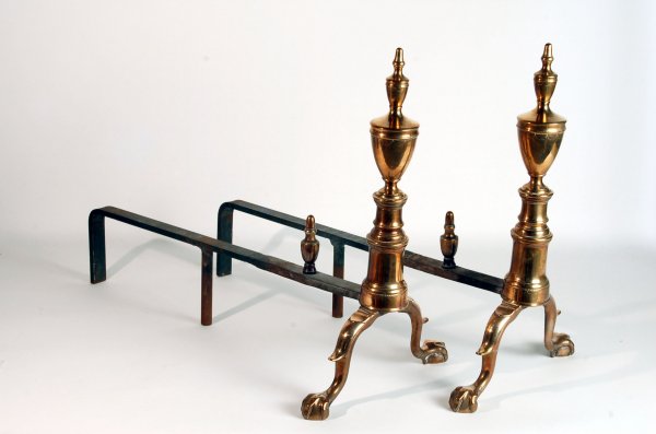 Appraisal: Pair of Federal bell-metal andirons double urn form finials above