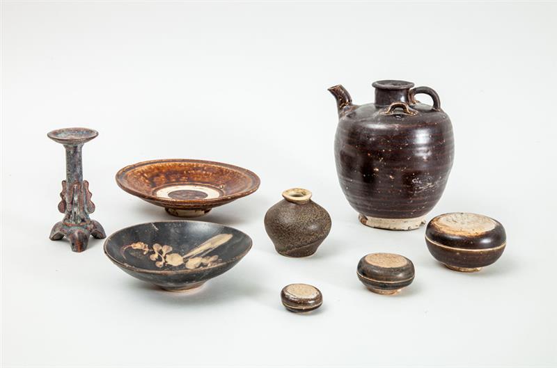 Appraisal: CHINESE BROWN GLAZED POT SIX OTHER BROWN GLAZED ARTICLES AND