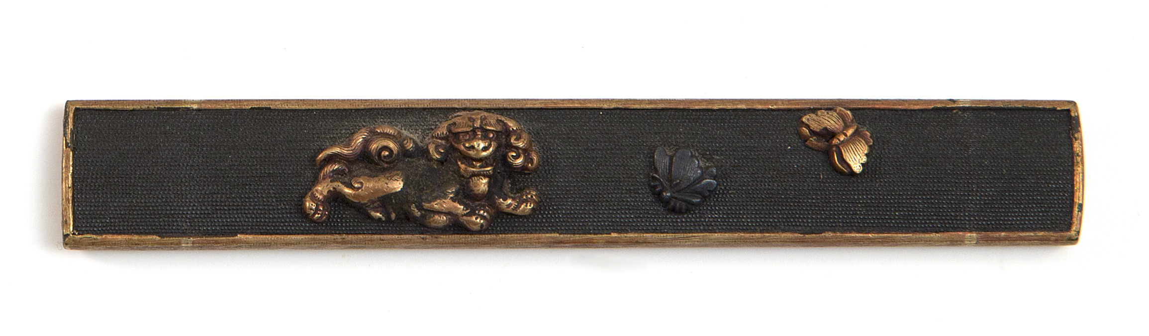 Appraisal: SHAKUDO AND GILT-METAL KOZUKA th CenturyWith guardian lion and butterfly