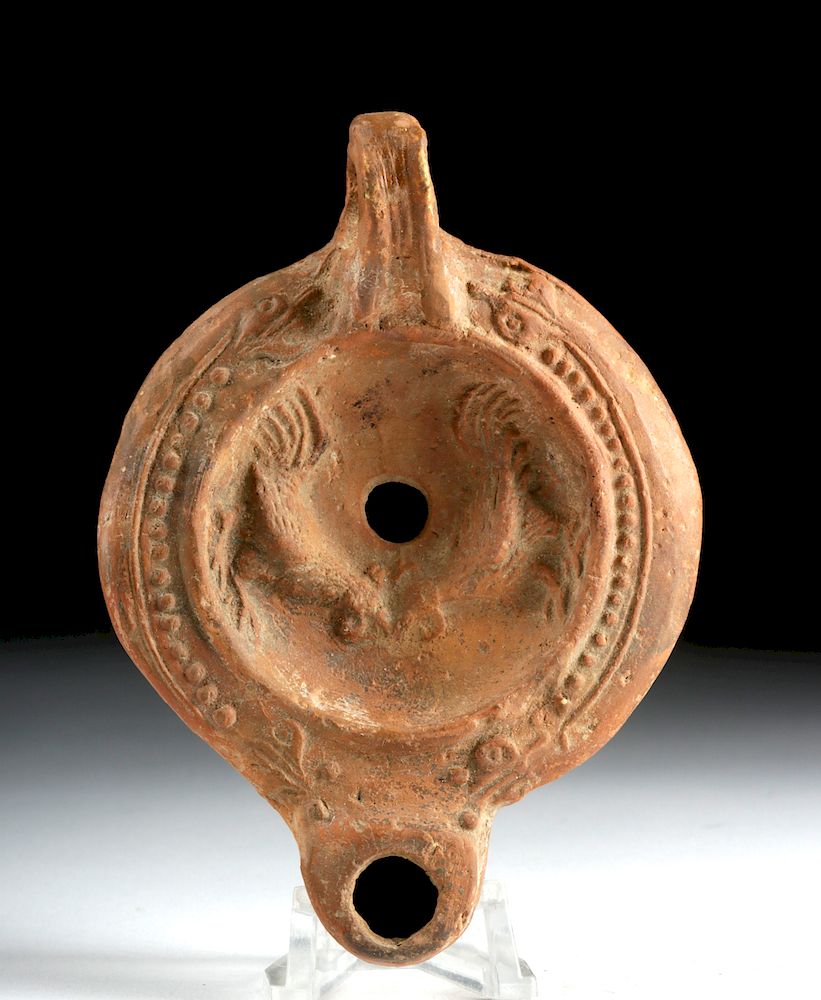 Appraisal: Roman Pottery Oil Lamp w Roosters Roman Imperial Period ca