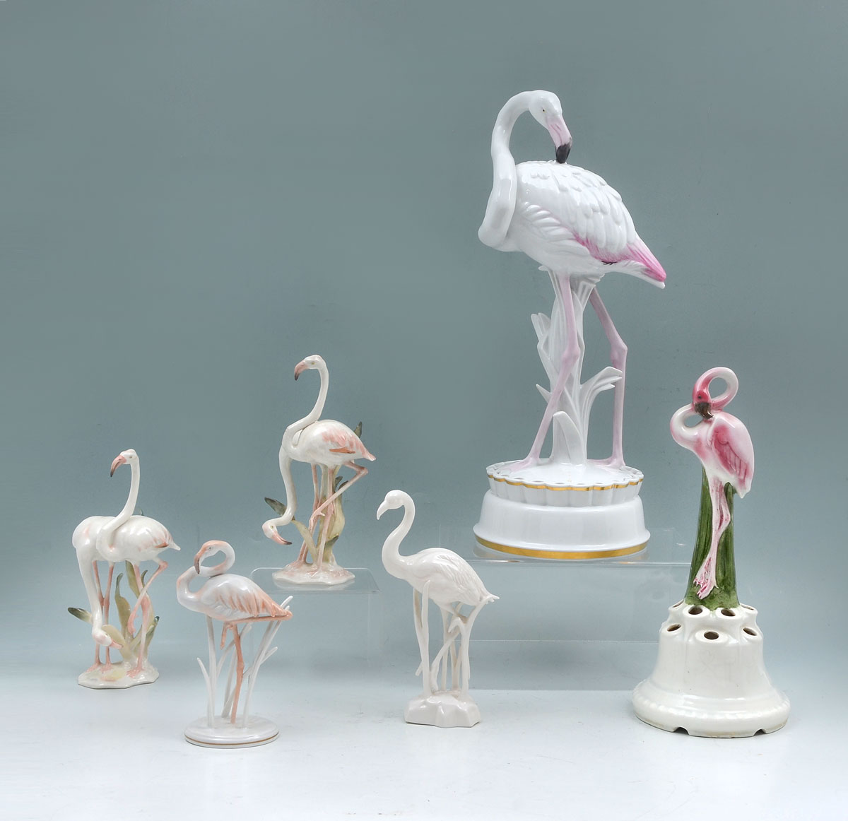 Appraisal: PC PORCELAIN FLAMINGO COLLECTION Comprising - Tall Rosenthal recumbent flower