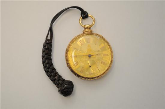 Appraisal: English Pocket Watch and Attached Leather Fob K yellow gold