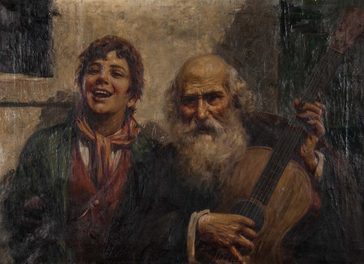 Appraisal: Continental School Pair with a Guitar oil European th Century