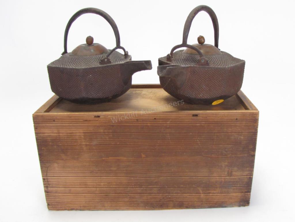 Appraisal: Pair of Antique Japanese Tetsubin Tea Kettles pair of iron