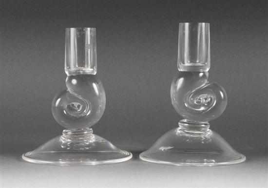 Appraisal: Pair of Steuben ''Snail Shell'' crystal candlesticks cylindrical socket on