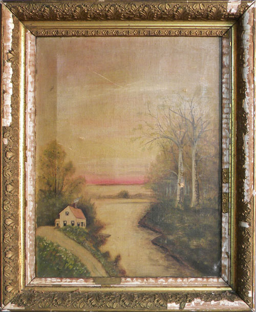 Appraisal: Oil on canvas primitive landscape signed Clew