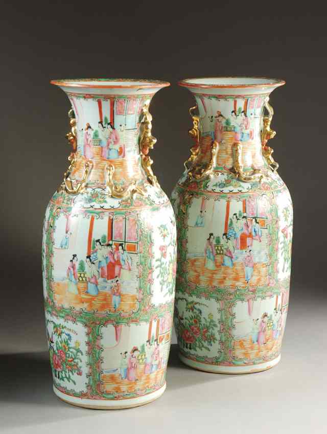 Appraisal: PAIR CHINESE ROSE MEDALLION VASES hand painted with paneled scenes