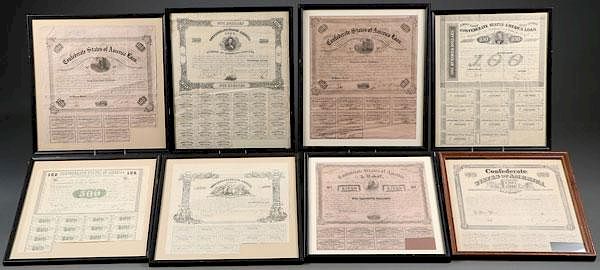 Appraisal: A GROUP OF EIGHT CONFEDERATE WAR BONDS A GROUP OF