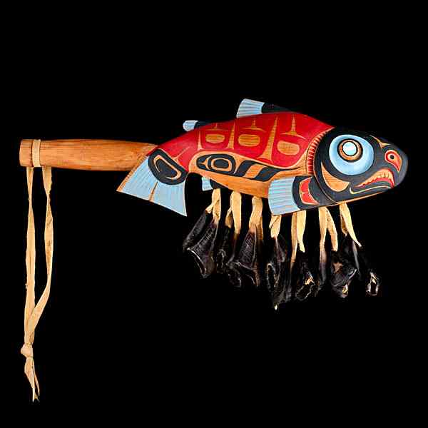 Appraisal: Don Lelooska Kwakwaka'wakw Salmon Rattle painted in red blue and