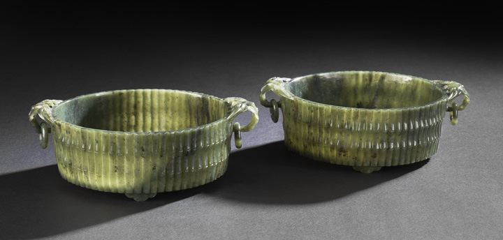 Appraisal: Pair of Chinese Carved Spinach Jade Footed Bowls th century