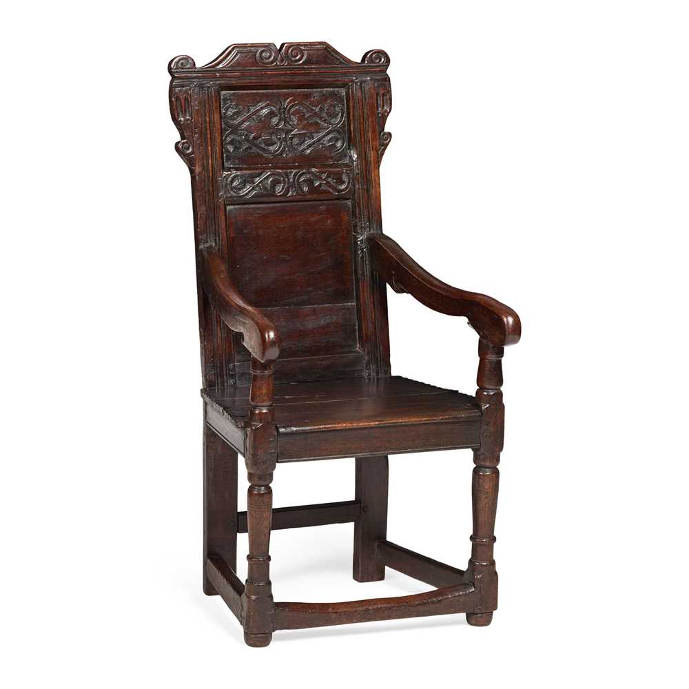 Appraisal: CHARLES II OAK ARMCHAIR TH CENTURY the two-panel back with