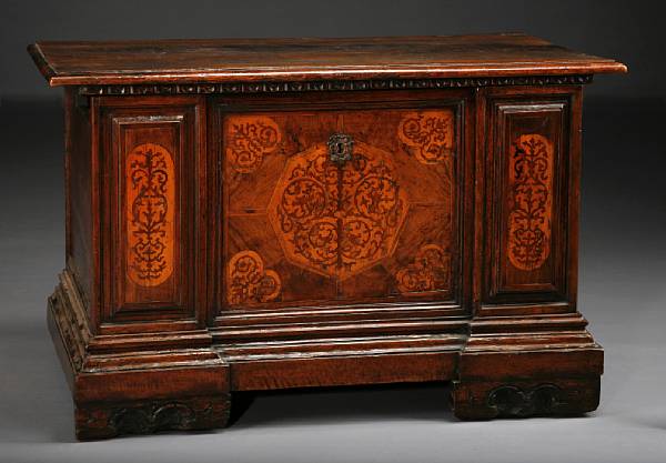 Appraisal: An Italian Baroque marquetry and walnut cassone second half th