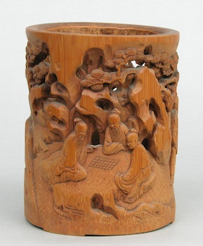 Appraisal: A Carved Bamboo Brush Pot Open work carving depicting figures