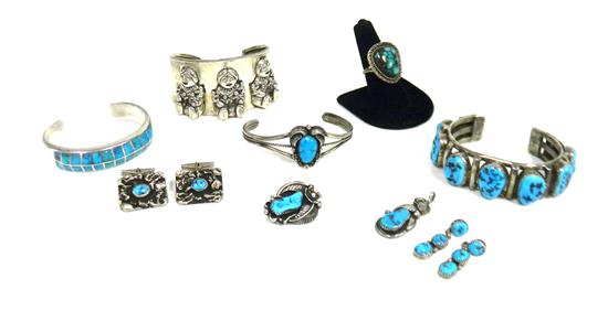 Appraisal: JEWELRY Southwestern silver and turquoise bracelets rings pendant earrings and