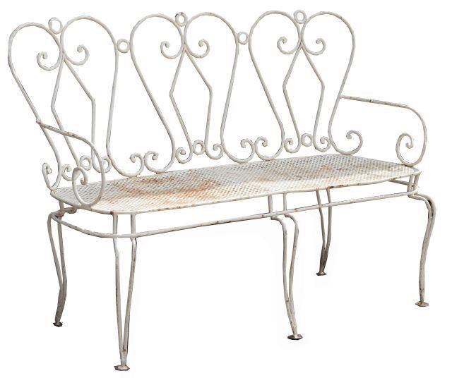 Appraisal: French white painted iron bench scrolling back and armrests rising