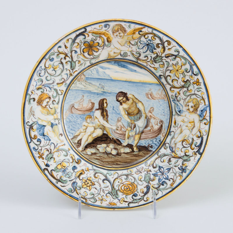 Appraisal: ITALIAN RENAISSANCE MAJOLICA STYLE BIBLICAL PLATE Unmarked showing three figures