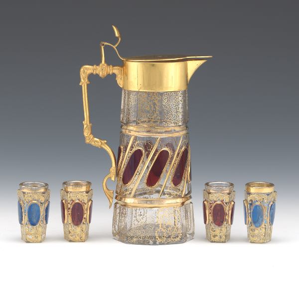 Appraisal: MOSER GLASS CORDIAL PITCHER AND FOUR GLASSES Diminutive oval reverse