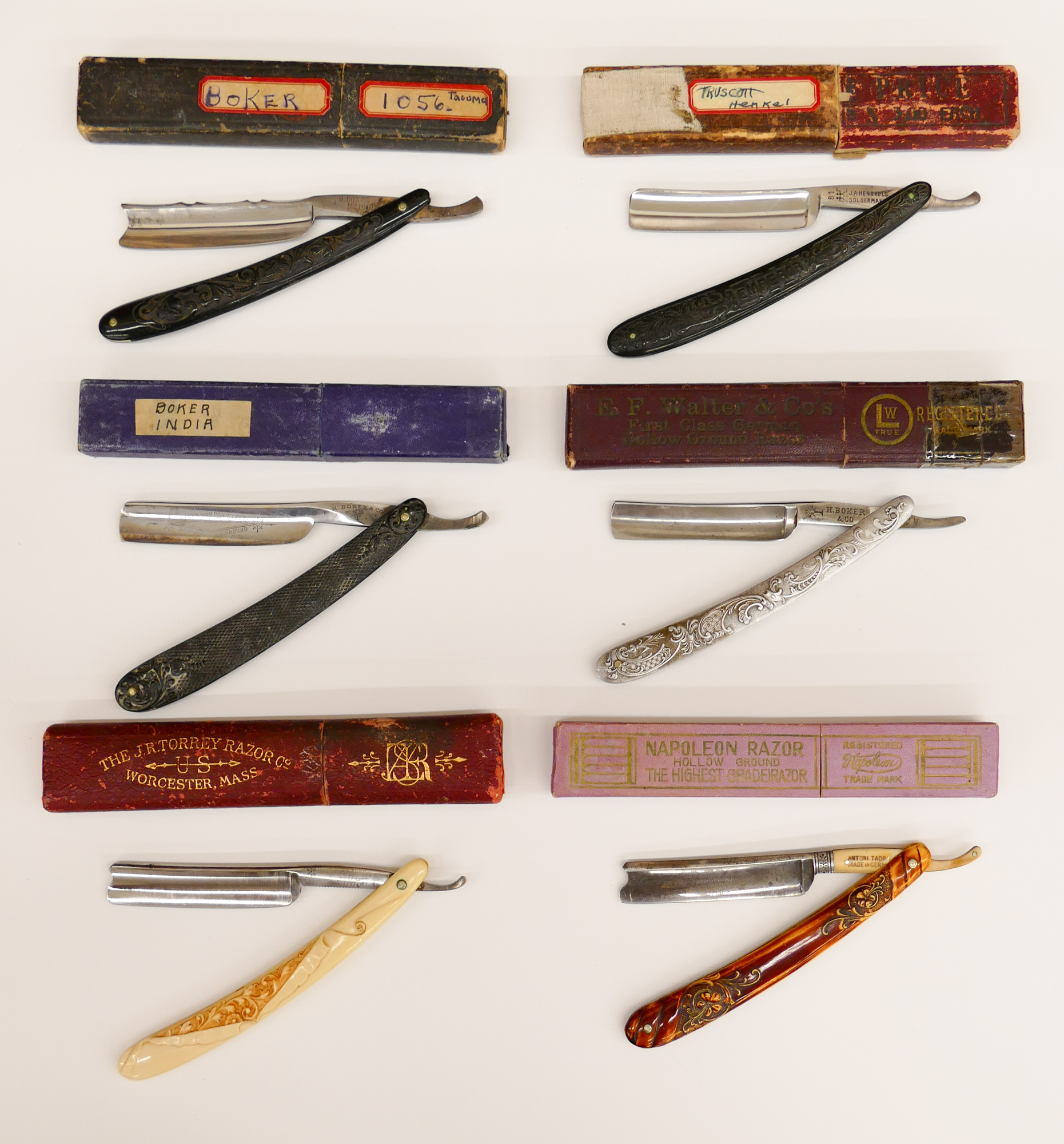 Appraisal: Tray pc Antique Straight Razors with Ornate Handles Includes pc