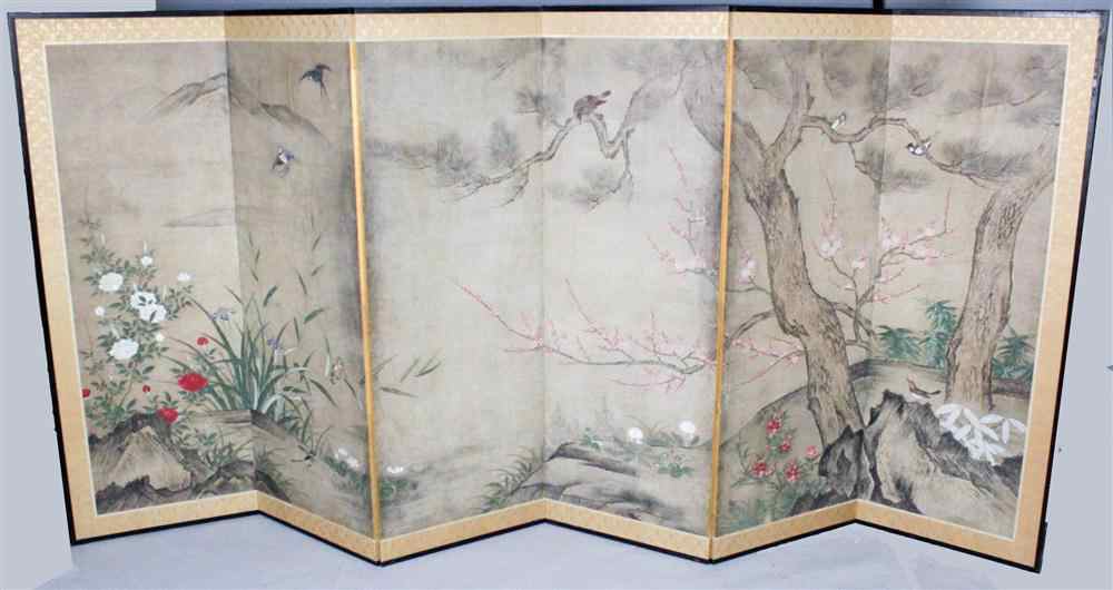 Appraisal: JAPANESE KANO SCHOOL BYOBU SIX-PANEL SCREEN MEIJI PERIOD LATE TH