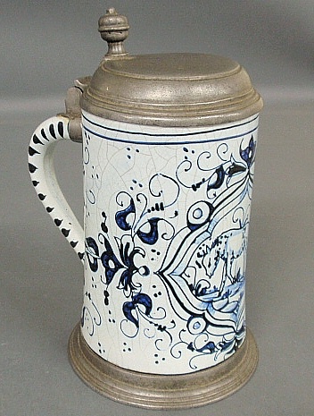 Appraisal: - Pewter and blue and white faience stein th c