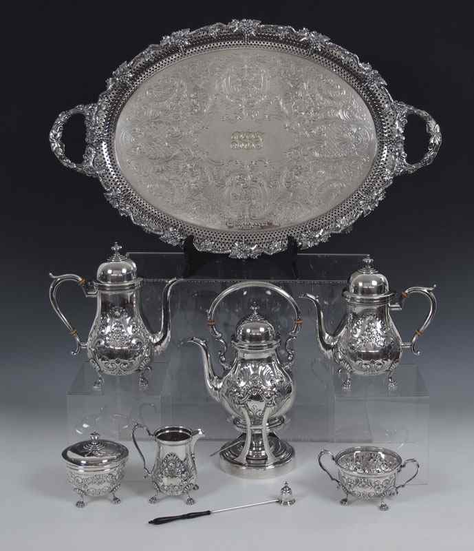 Appraisal: AMSON HAND CHASED STERLING TEA SERVICE Piece with hand chased