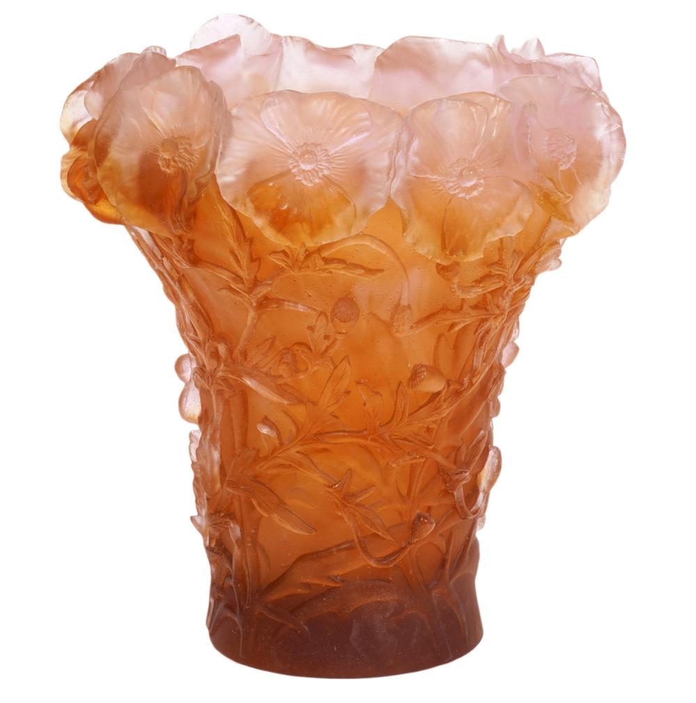 Appraisal: DAUM PATE DE VERRE HIBISCUS CRYSTAL VASEDaum pate de verre