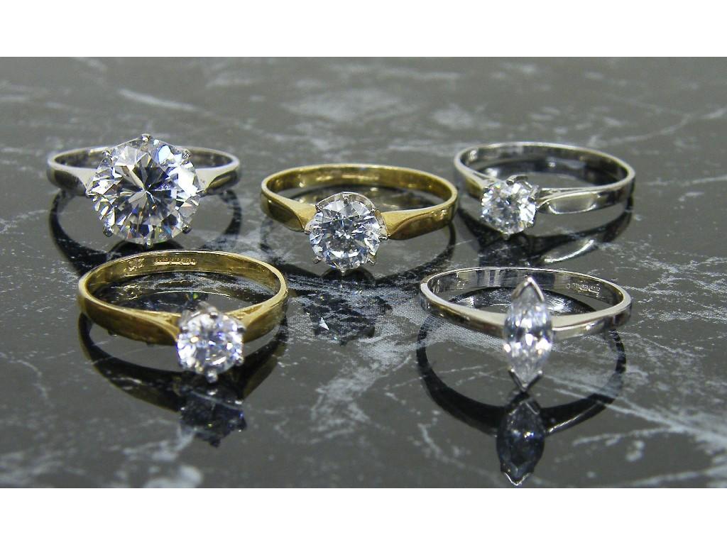 Appraisal: Five assorted cz ct solitaire rings gm