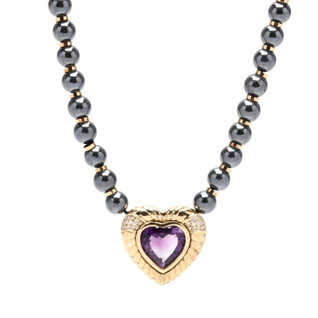 Appraisal: Gold Hematite Amethyst and Diamond Heart Necklace Denoir Necklace comprised