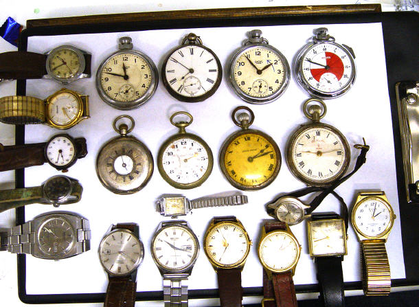 Appraisal: Basket of assorted gentlemen's wristwatches silver pocket watches etc