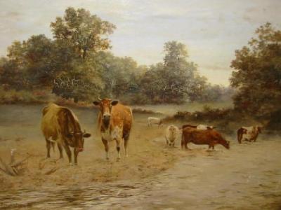 Appraisal: T STEVENS Cattle Watering signed and dated x unframed