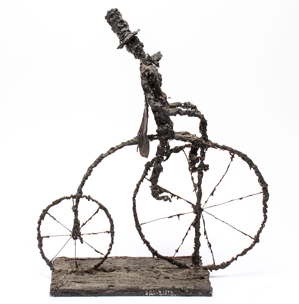 Appraisal: Brutalist Penny Farthing Wire Metal Sculpture Brutalist sculpture depicting man