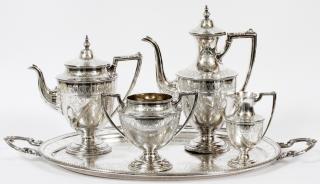 Appraisal: SHEFFIELD ENGRAVED STERLING SILVER TEA SET SHEFFIELD ENGRAVED STERLING SILVER