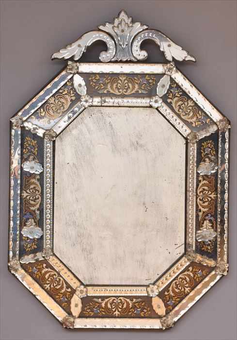 Appraisal: BAROQUE-STYLE ENAMELED MIRROR The oblong octagonal and beveled main plate