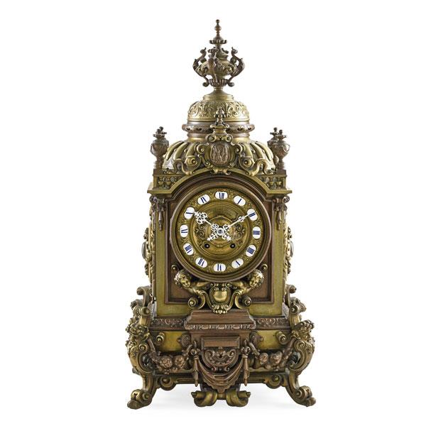 Appraisal: LOUIS XIV STYLE BRONZE MANTLE CLOCK Elaborate cherub decoration porcelain