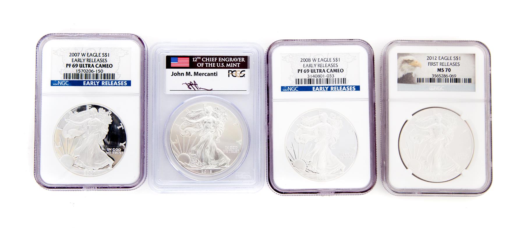 Appraisal: FOUR SILVER EAGLES -W early release PF ultra cameo NCG