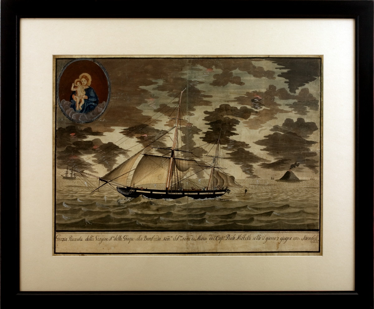 Appraisal: ITALIAN EX VOTO DEPICTING A SHIP PASSING STROMBOLI DURING THE