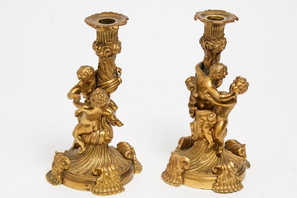 Appraisal: Louis XV Rococo-Style Gilt Bronze Candlesticks French Louis XV-style ormolu