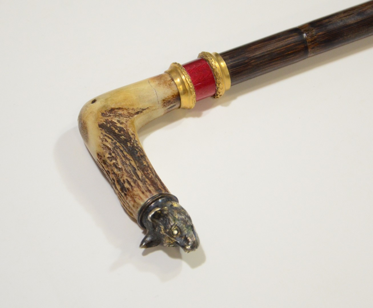 Appraisal: Imperial Russian cane walking stick wolf with diamond eyes horn