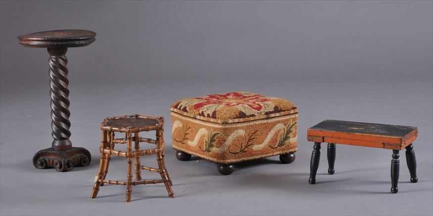 Appraisal: GROUP OF THREE STANDS AND A FOOTSTOOL Comprising bamboo turned