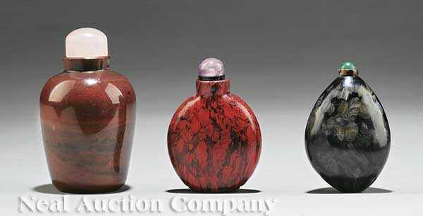 Appraisal: A Group of Three Chinese Glass Snuff Bottles Simulating Stone