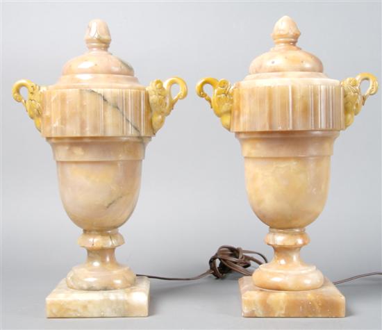 Appraisal: A Pair of Italian Alabaster Urns and Covers Height inches