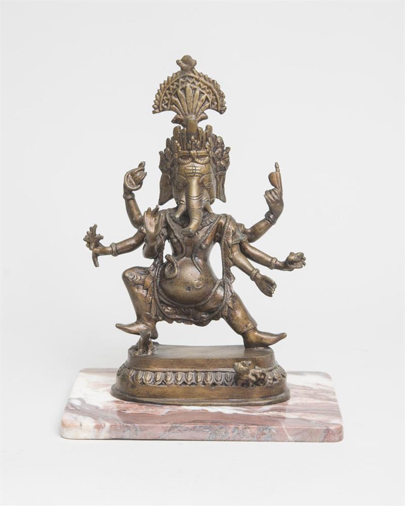 Appraisal: INDIAN PATINATED METAL GANESH On marble plinth x in Estimate