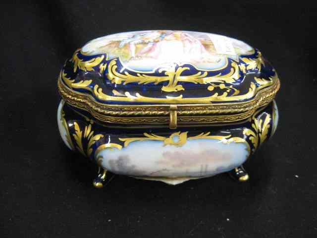 Appraisal: Sevres Handpainted Porcelain Dresser Box courting scene artist signed cobalt